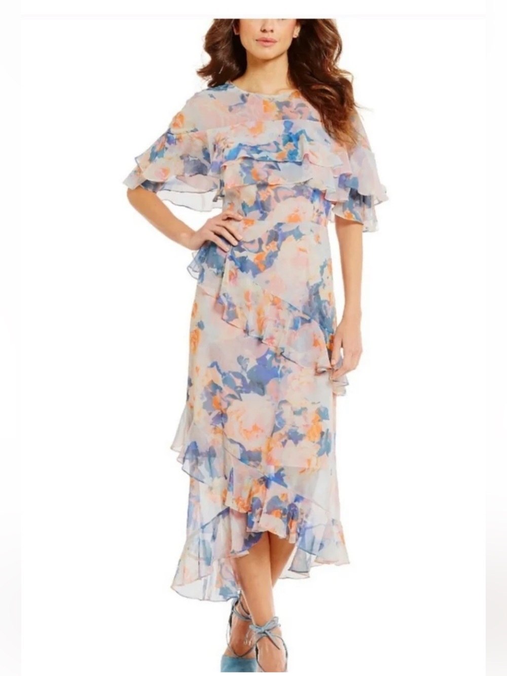 Gianni Bini Sheer Floral Ruffle Midi Dress - Light Blue Multi